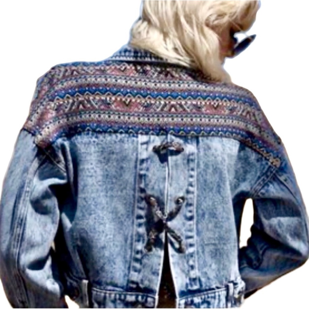 🔥POL Aztec Walker Patchwork Denim Jacket M Boho Fringe Festival Shacket Western